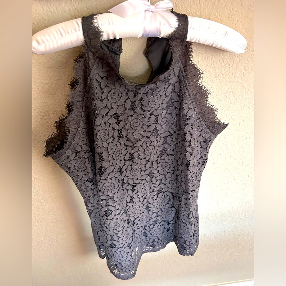 Women’s Gray lacy sleeveless blouse. Has a liner. NWOT. Brand is Berryou. Size M